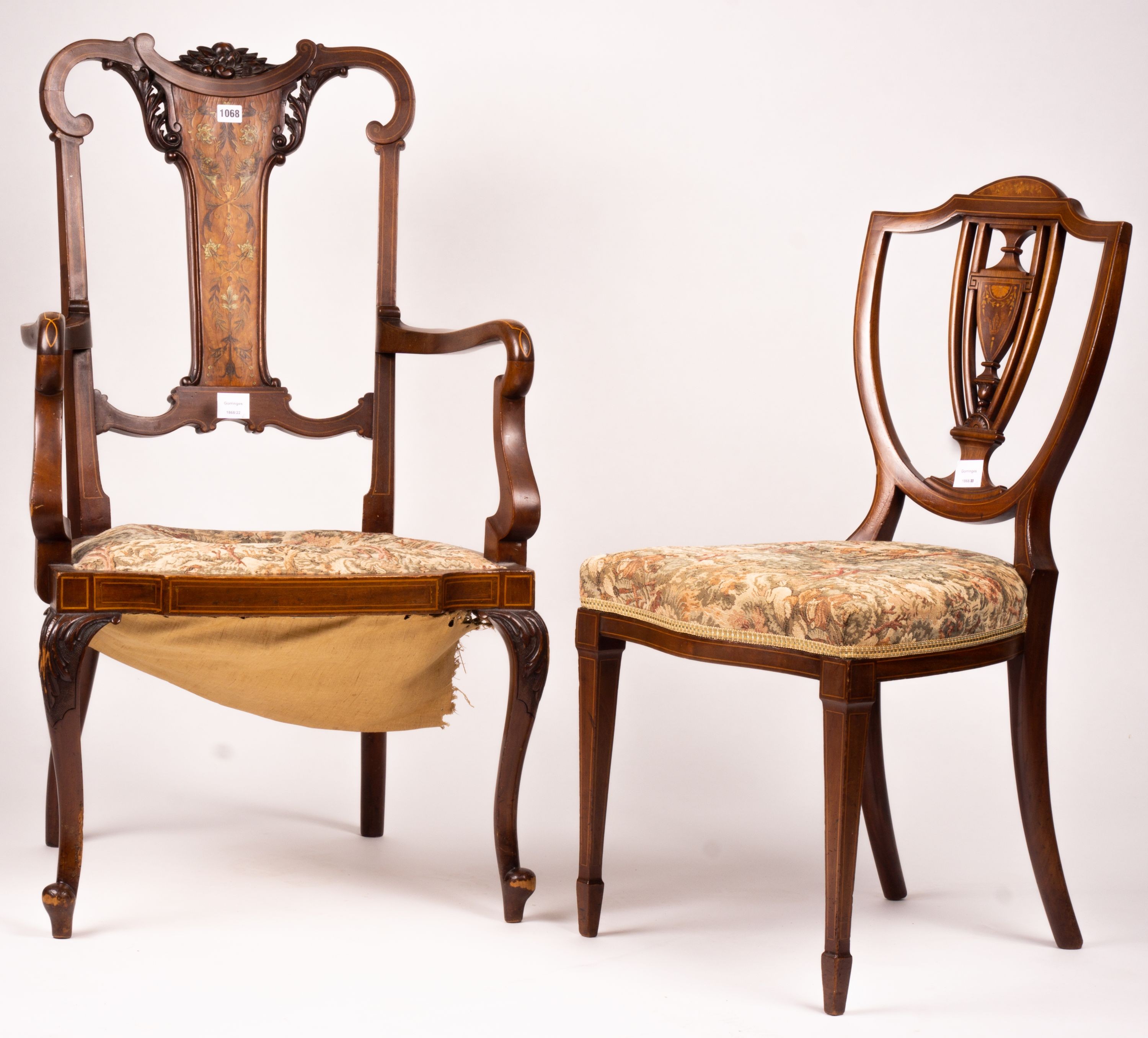 An Edwardian marquetry inlaid elbow chair (AF) and a side chair